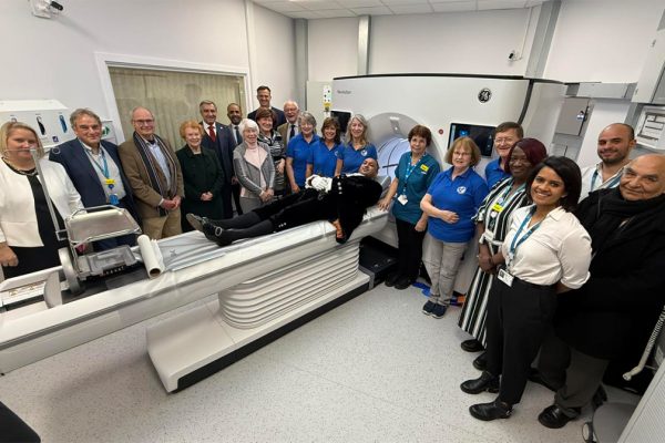 Bav Shah, High Sheriff of Bedfordshire. with Bedford Hospital Staff, volunteers from BHC&F and others officially open the new CT scanner.